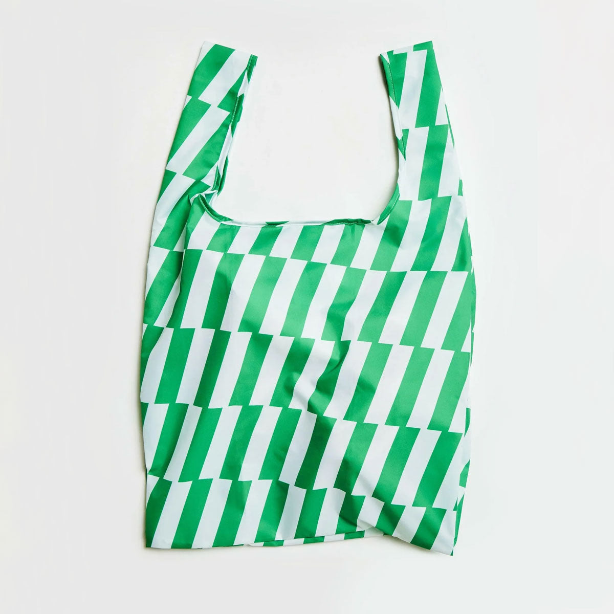Green and white checkered reusable bag on a light gray background