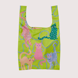Reusable bag with cat designs on a green background
